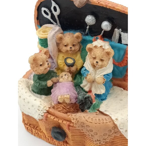 Teddy Bear Family in Sewing Basket Scene Knick Knack Vintage 3.25 Crafting Gift - Picture 6 of 16